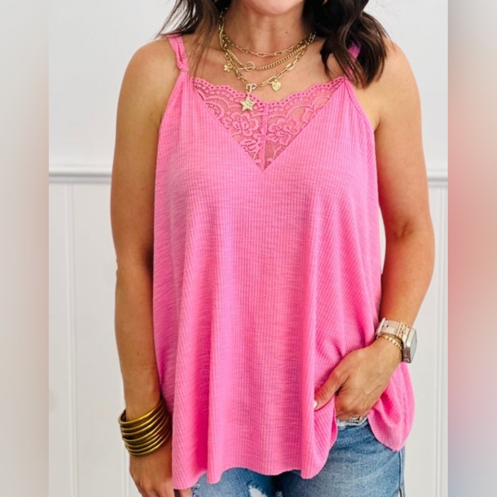 POL Pink Lace Trim Tank Top